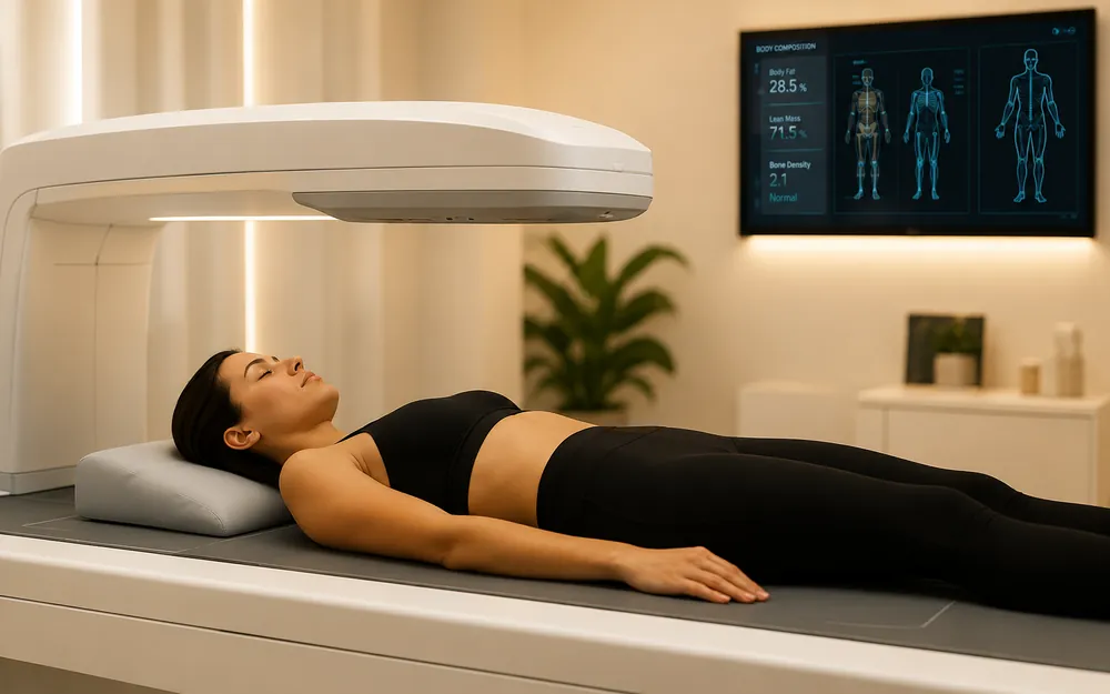 Iemand ligt op een DEXA-scanner, met de scanarm erboven.